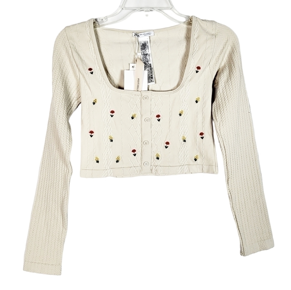 ZARA seamless floral embroidered long sleeve crop top NWT